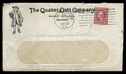 344, 2c Carmine imperforate, Schermack Ty. III perforations, perforated control mark, single tied by Chicago, Ill.18-7, 1910 machine cancel to window envelope with illustrated
The Quaker Oats Company corner card, Chicago and Tidioute, Pa. bac