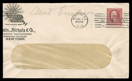 344, 2c Carmine imperforate, Schermack Ty. III perforations, perforated control mark, single tied to window envelope by New York, N.Y.Aug 4, 1910Jay Street Sta. machine cancel,
illustrated corner card of Austin, Nichols & Co., Tidioute, Pa.