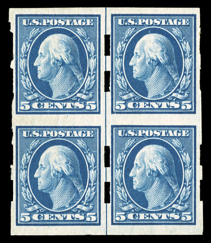 347, 5c Blue imperforate, Schermack Ty. III perforations, scarce block of four with vertical guide line at center, bright color, o.g., fine-very fine.