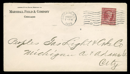 368, 2c Lincoln imperforate, Schermack Ty. III perforations, fine single tied by Chicago, Ill.Feb 24, 1909 wavy line machine cancel to Marshall Field & Company corner card
cover addressed within the city, very fine early usage probably fewer