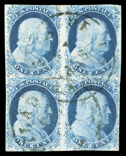 9, 1c Blue, Ty. IV, scarce used block of four, positions 21-2231-32R1L, lovely rich color, ample margins to touching in places, light c.d.s. cancels, small corner creases,
fine-very fine appearance 1989 PSE certificate.