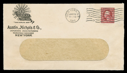 384, 2c Carmine imperforate, Schermack Ty. III perforations, perforated control mark, single with intense color, tied by New York, N.Y.Jan 26, 1911 wavy line machine cancel to
window envelope with Austin, Nichols & Co. corner card, Tidioute,