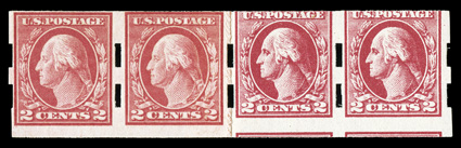 532, 2c Carmine imperforate, Ty. IV, Schermack Ty. III perforations, an immensely rare  combination paste-up strip of four, the left pair 482 and the right pair being 532,
o.g., l.h., fine for this  one of a mere three reported examples