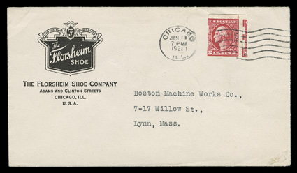 533, 2c Carmine imperforate, Ty. V, Schermack Ty. III perforations, single with intense color tied by Chicago, Ill.Jan 11, 1921 wavy line machine cancel to cover to Lynn,
Mass., with illustrated corner card of The Florsheim Shoe Company, fres