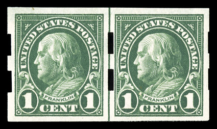 575, 1c Green imperforate, Schermack Ty. III perforations, pristine guide line pair, intense color, o.g., n.h., fine-very fine.
