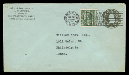 575, 1c Green imperforate, Schermack Ty. III perforations, single without the usual precancel, tied to 1c circular die entire by San Francisco, Calif.May 27, 1926 slogan
machine cancel to bluish cover to Philadelphia, R.H. Mower corner card,