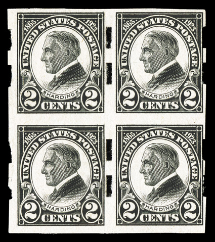 611, 2c Harding imperforate, Schermack Ty. III perforations, scarce block of four, o.g., light owners handstamp on gum, fine-very fine.