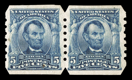 315, 5c Blue imperforate, U.S. Automatic Vending Ty. III perforations, pair, well centered and large margins, o.g., l.h., left stamp with a small stained spot not noted on the
certificate, otherwise very fine clear 1961 PF certificate.