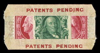 314, 406, 1c Green imperforate and 2c Carmine, Ty. I, former a single with U.S.A.V. Ty. I separations and the latter a horizontal pair, enclosed within  U.S. Automatic Vending
Co pocket Ty. 3, with red patents pending printed on both top a