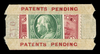 343, 372, 1c Green imperforate and 2c Hudson-Fulton, single of former and pair of latter, enclosed within  U.S. Automatic Vending Co. pocket Ty. 3-1A, with red patents pending
printed on both top and bottom flaps and numbered 075 in red