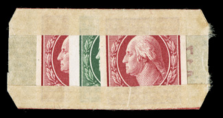343, 344, 1c Green and 2c Carmine imperforates, single of former and two of latter, enclosed within  U.S. Automatic Vending Co. pocket Ty. 4-1, with no printing on the flaps
and serial number 417 in red on reverse, stamps o.g. and are not