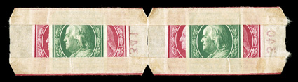 343, 344, 1c Green and 2c Carmine imperforates, single of former with U.S.A.V. Ty. 1 separations and two of latter, enclosed within an unsevered pair of  U.S. Automatic Vending
Co. pocket Ty. 4-1, with no printing on front and red serial nos