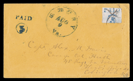 24X1, Emory, Va., 5c Blue, clear Paid over 5 in circle provisional handstamp on portion of United States 1857 One Cent Blue sheet selvage perforated on three sides, this most
unusual stamp has been tied to an orange buff cover by neat ma