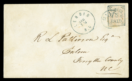 49X1, Lenoir, N.C., 5c Blue and orange, ample margins to just touching frame line, strong colors and impressions, tied by circular Paid 5 rate handstamp in blue to white
envelope addressed to Salem, N.C., because of the incomplete nature o