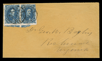4, 5c Blue, Stone 2, horizontal pair, with huge margins on three sides, each showing portions of adjoining stamps, just touching at top, stunning dark over inked impression,
tied by two strikes of Mobile Ala.Jun 5 1862 c.d.s. to orange cover,