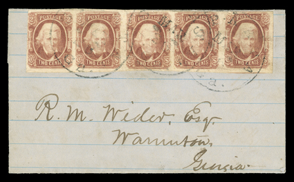 8, 2c Brown red, an extraordinary quality horizontal strip of five, with very large margins all around, deep rich color and impression, except closer at left, wonderfully tied
to a small neat grey (blue lined) folded entire by Sparta Ga.Mar 25
