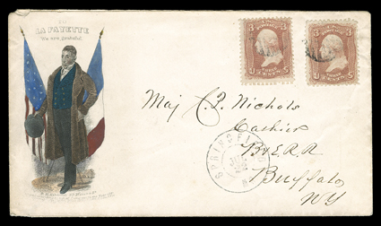 65, 3c Rose, two singles, just tied to handsome handpainted La Fayette full portrait surrounded by the flags of both the U.S. and France Kimmel patriotic cover (unlisted in
Walcott), grid cancels, matching double ring Springfield Mo.Jul