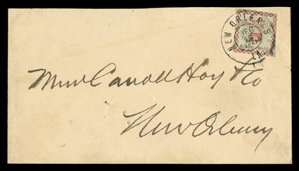 11X2, Baton Rouge, La., 5c Green and carmine, Calhoun Type B, mostly ample margins to just slightly in, perfectly tied by a New Orleans La.Dec 15 1861 river-mail double-circle
datestamp to a neat cover addressed to Carroll Hoy & Co. New O