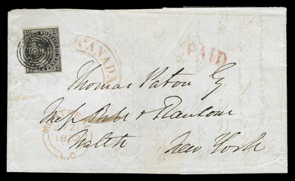 3, 1851 12p Black on laid paper, a choice single featuring large margins all around and especially intense color and impression, wonderfully and unquestionably tied by
excellent strike of a target cancel on double-rate 1852 folded letter to New