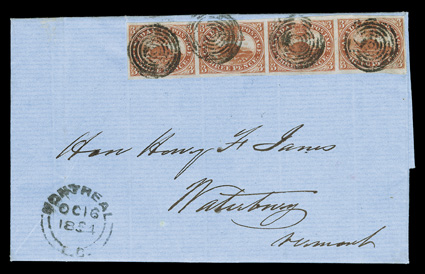 4, 1852 3p Red on medium wove paper, a handsome horizontal strip of four tied to an immaculate blue colored 1854 folded letter from Montreal to Waterbury, the strip possessing
deep luxuriant color as well as large margins all around, tied by fou