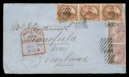 4iii, 3p Red on hard ribbed paper, horizontal strip of three with three huge margins, fourth at top close but clear, used together with a four-margined vertical pair of the
1857 ½p Rose (8) on a small blue colored cover from Toronto to Mans