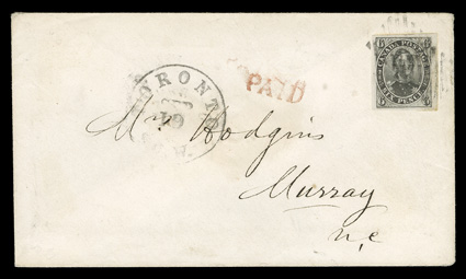 5, 1855 6p Slate gray on wove paper, an absolutely superb single, featuring four lavishly large margins, including a huge sheet margin at right, plus its color and impression
are especially strong, tied to a neat 1857 cover from Toronto to Murra