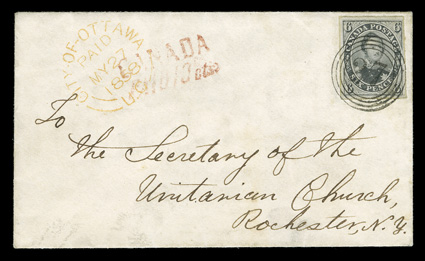 5, 1855 6p Slate gray on wove paper, ample (at top right) to mostly large margins all around, deep rich color, tied to small cover addressed to the Secretary of the Unitarian
Church in Rochester, N.Y. by perfect strike of 27 in target postma