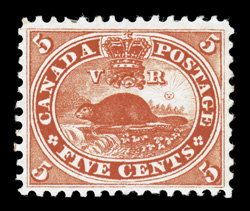 15, 1859 5c Vermilion, an incredibly choice mint example in a condition that would be next to impossible to duplicate, with spectacularly intense color and impression on bright
paper, additionally this gem features incredibly large and well bala