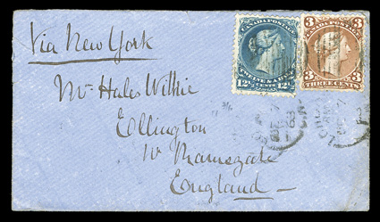 25 var., 28, 1868 3c Brownish red and 12½c Blue, singles of each tied to small eye-appealing blue colored cover from London to Ramsgate, England by light grid postmarks, two
strikes of London, C.N.DE 7 68 c.d.s. also tie stamps at bottom, dir