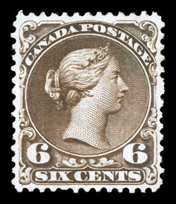 27, 1868 6c Dark brown, plate 1, an uncommonly choice mint example of this scarce value, with deep rich color and a crisp detailed impression on bright paper, well centered,
full o.g., relatively lightly hinged, very fine (Unitrade C$5,000.00).