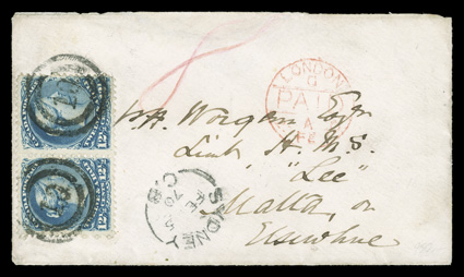 28, 1868 12½c Blue, well centered horizontal pair, with especially rich color in a deep shade, tied to a petite 1870 cover from Sydney to a Lieutenant aboard the H.M.S. Lee in
Malta or Elsewhere, pair tied by two-ring numeral 10 post