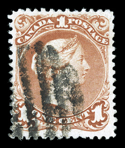 31, 1868 1c Brown red on laid paper, a highly collectable used example of this rare stamp, exceptionally well centered within very large margins which are almost never seen on
the Laid Paper stamps, intensely rich color and impression, grid post