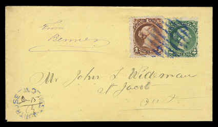 31, 1868 1c Brown red on laid paper, fine centering and with intense color, tied to an eye-appealing canary colored cover from West Montrose to St. Jacob, cover additionally
franked with 1868 2c Green (24) along side, both stamps tied by stunni