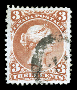 33, 1868 3c Bright red on laid paper, used, uncharacteristically well centered within large margins, bright fresh color, couple of trivial nibbed perforationsendemic to the
laid paper issues, very fine a terribly difficult and scarce stamp to f