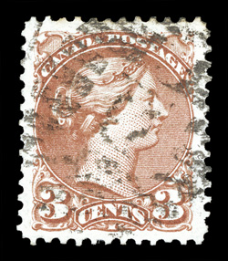 37d, 1870 3c Copper red, perforated 12½, a highly select used example of this rare stamp, boasting margins of exceptional size and being incredibly well centered within them,
strong rich color in the distinctive Copper red shade, extremely fine