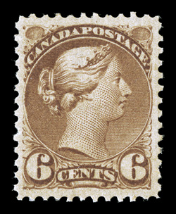 39, 1872 6c Yellow brown, Montreal printing, a marvelous quality mint example of a stamp that is difficult to find in collectable quality, and virtually impossible to find in
this gem never hinged state, featuring near perfect centering amid unc