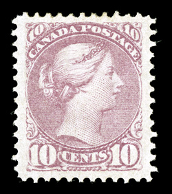 40a, 1880 10c Magenta, gem mint single, featuring lavishly large and perfectly balanced margins all around, lovely rich color and impression, full fresh o.g., minor h.r.,
extremely fine 1997 V.G. Greene certificate (Unitrade C$1,500.00).