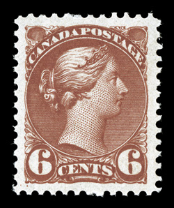 43a, 1890 6c Chocolate, a magnificent quality mint single, being not only incredibly well centered amid lavishly large margins, but its color is also intense and prooflike on
crisp paper, pristine full o.g., never hinged, an extremely fine gem i