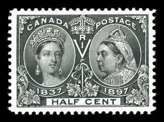 50, 1897 ½c Jubilee, gem mint example, outstanding centering within very large margins, intense prooflike color and impression, o.g., n.h., extremely fine a stamp for the
perfectionist 1997 PF certificate ex-Crossings (Unitrade C$480.00