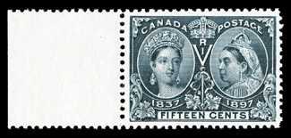 58, 1897 15c Jubilee, a left sheet-margin mint single that is the epitome of perfection, flawlessly centered within very large margins, stunning color and a deeply etched
impression on brilliant paper, full and even perforations surround the who