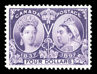 64, 1897 $4.00 Jubilee, a marvelous mint single in a condition that is not only exceptionally difficult to find, but is highly desirable and eye appealing, possessing true post
office fresh qualities, with spectacularly rich color and impressi