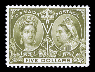 65, 1897 $5.00 Jubilee, an extraordinary mint example of this popular high value, being among the very the finest never hinged gem quality Five Dollar Jubilees we have ever
offered, possessing all of the physical characteristics which would