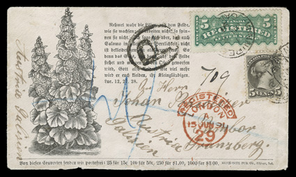 F2, 1875 5c Dark green registration stamp, a huge jumbo-margined example tied to a stunning registered illustrated advertising cover to Kranzberg, Austria by WinnipegJU 2
91Canada c.d.s., postage paid by 1888 5c Gray Small Queen (42) wh