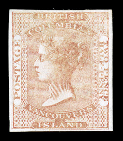 1, 1860 2½p Dull rose, imperforate, a select quality unused example of this BNA rarity, without gum as prepared, possessing four full and well balanced margins, bright fresh
color and a strong impression, very fine while this stamp was prepared