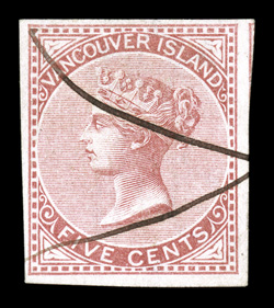 3, 1865 5c Rose imperforate, used, with manuscript cancel of two pen strokes, four ample to mostly large margins, including showing just a bit of the adjoining stamp at top
right, deep rich color, completely devoid of the flaws that affect most