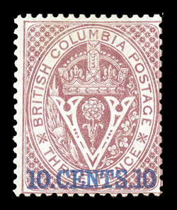 10, 1867 10.Cents.10 on 3p Lilac rose, perf. 14, deep rich color, rather well centered for these difficult issues, full o.g., h.r., fine (Unitrade C$3,000.00).