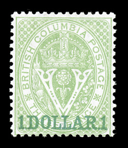 13, 1867 1.Dollar.1 on 3p Green, perf. 14, choice mint single, uncharacteristically bright and fresh, attractively centered for the issue, full o.g., very fine (Unitrade
C$3,750.00).