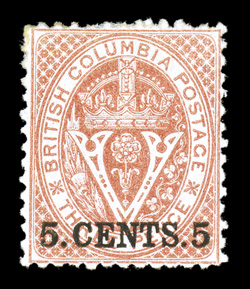 14, 1869 5.Cents.5 on 3p Bright red, perf. 12½, unusually well centered, deep luxuriant color, full o.g., trivial h.r., very fine almost never encountered this choice ex-Lilly,
Chapin (Unitrade C$5,000.00).