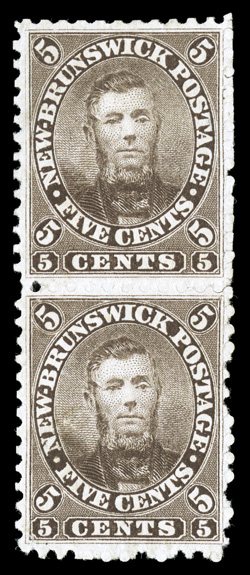 5, 1860 5c Brown Connell, vertical pair, without gum as most often encountered on these stamps, extraordinarily well centered and with fully intact perforations all around,
both are virtues that are almost never seen on most existing copies, dee