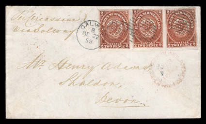 2, 1857 2p Scarlet vermilion, a spectacular horizontal strip of three, with margins ranging from close but clear at top to mostly large margins elsewhere, stunning color and
impression, tied to a small 1859 cover from St. Johns to Devon, Englan